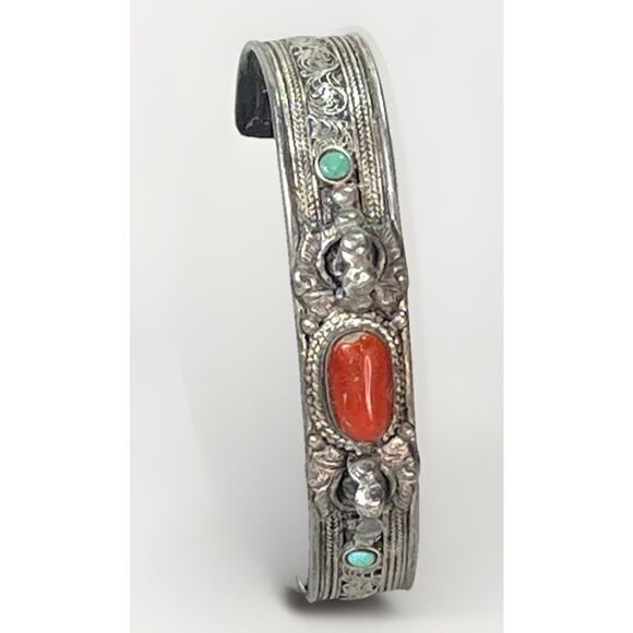 VTG Sterling Silver Turquoise Red Coral Cuff Bracelet- Ornate Design Adjustable - Picture 9 of 15